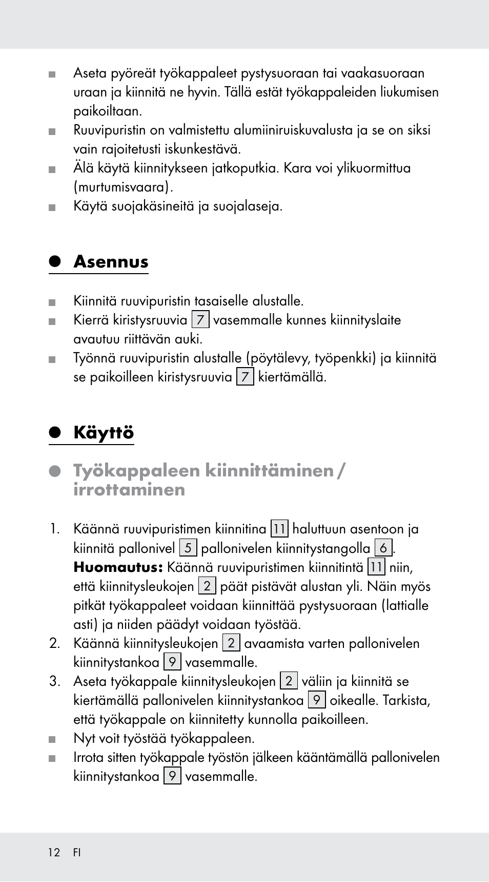 Asennus, Käyttö, Työkappaleen kiinnittäminen / irrottaminen | Powerfix Z29760A User Manual | Page 12 / 40