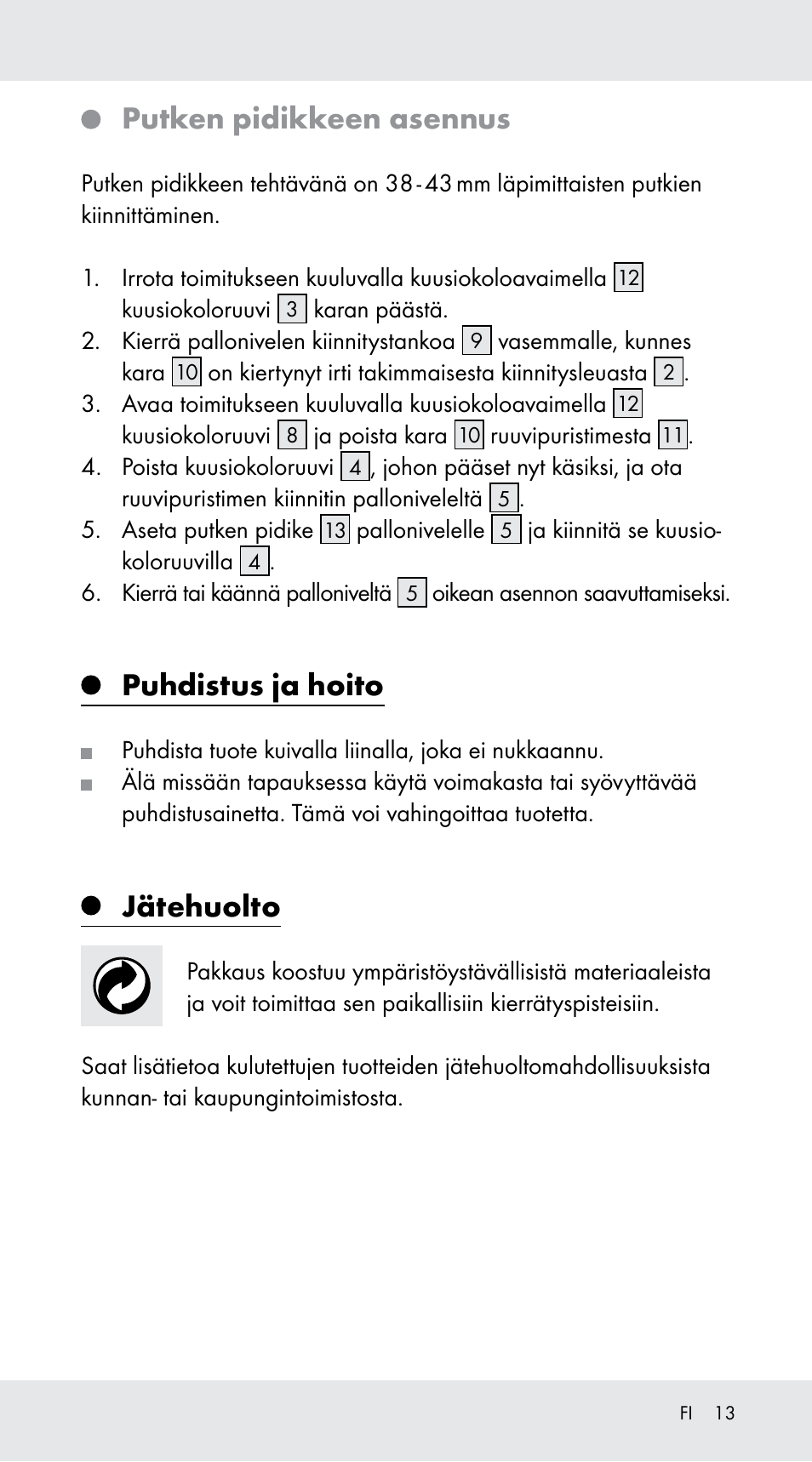 Putken pidikkeen asennus, Puhdistus ja hoito, Jätehuolto | Powerfix Z29760A User Manual | Page 13 / 40