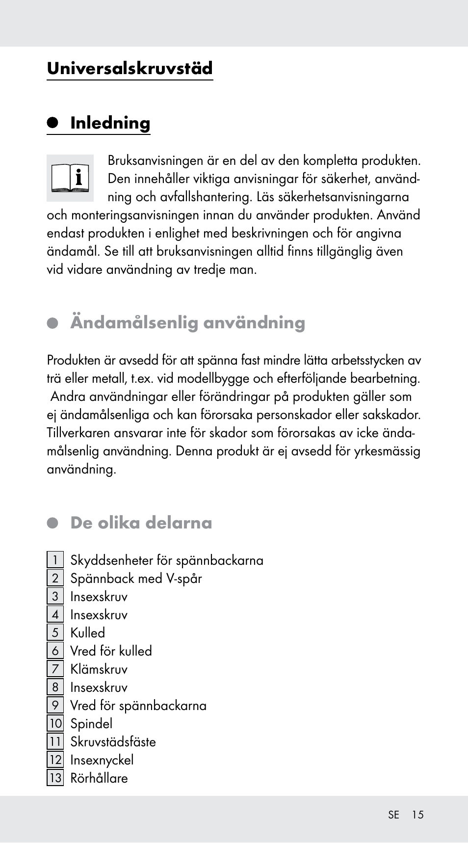 Universalskruvstäd, Inledning, Ändamålsenlig användning | De olika delarna | Powerfix Z29760A User Manual | Page 15 / 40