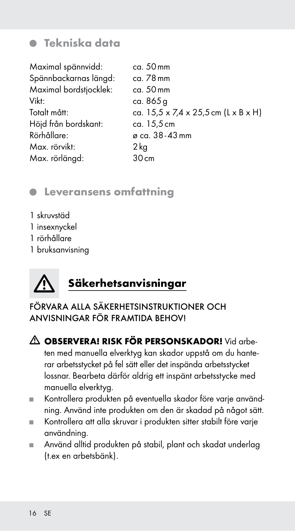 Tekniska data, Leveransens omfattning, Säkerhetsanvisningar | Powerfix Z29760A User Manual | Page 16 / 40