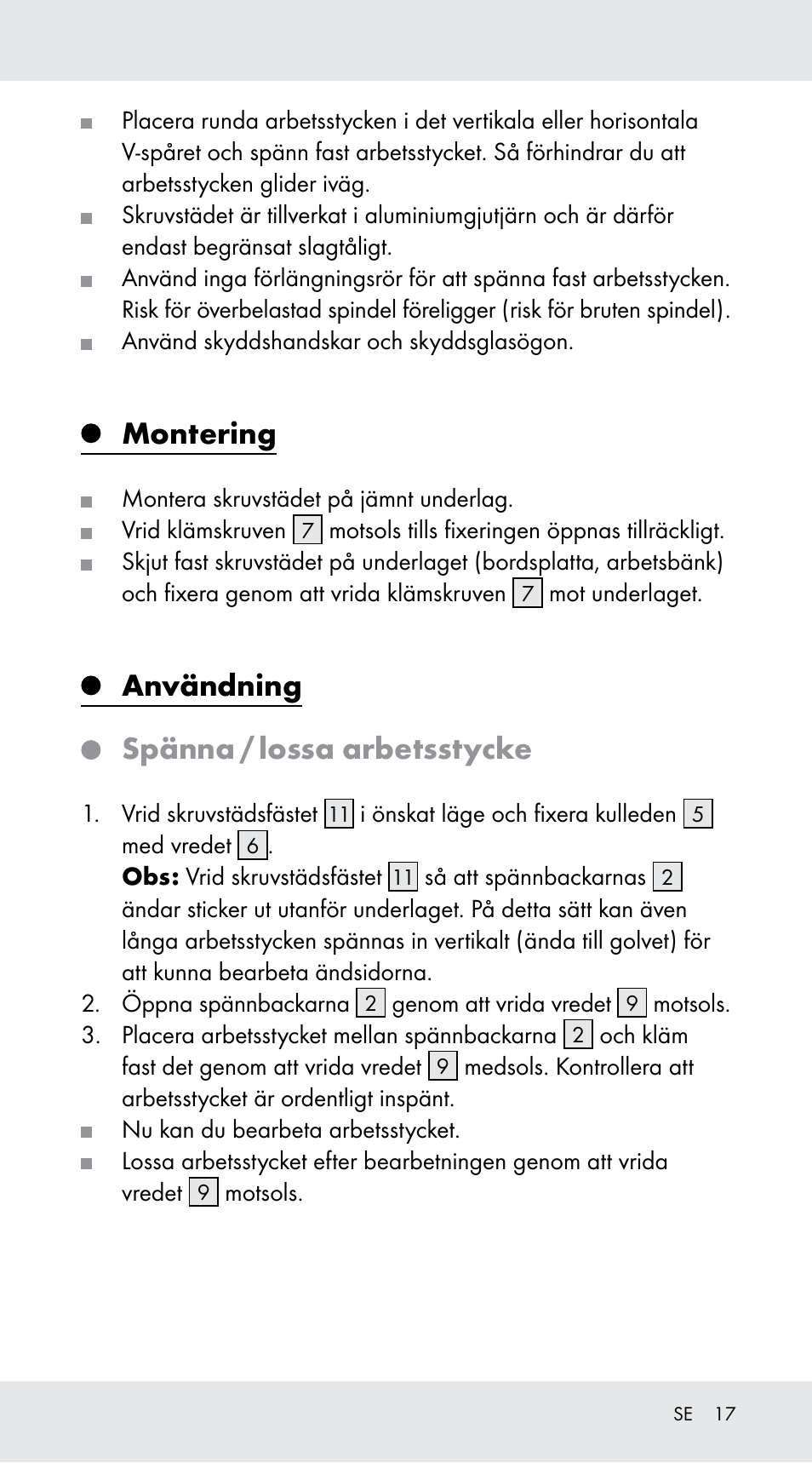 Montering, Användning, Spänna / lossa arbetsstycke | Powerfix Z29760A User Manual | Page 17 / 40