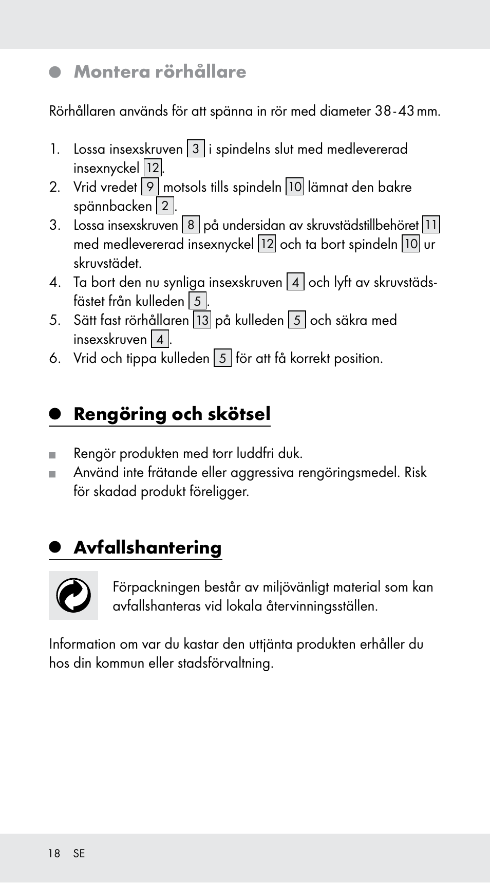 Montera rörhållare, Rengöring och skötsel, Avfallshantering | Powerfix Z29760A User Manual | Page 18 / 40