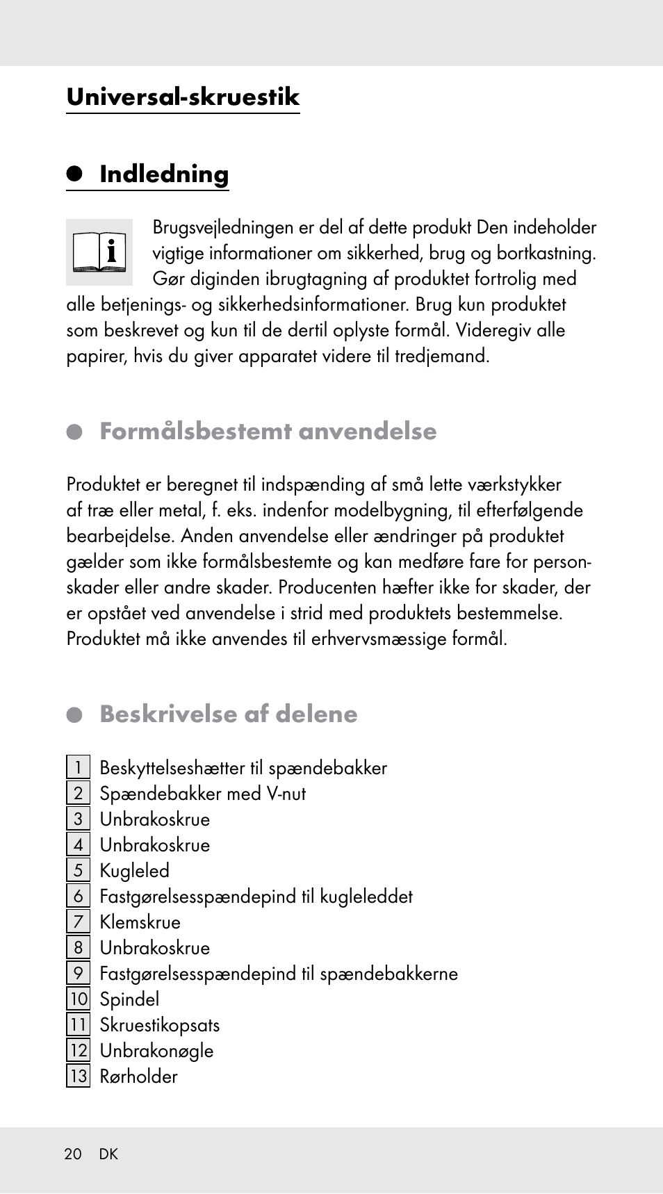 Universal-skruestik, Indledning, Formålsbestemt anvendelse | Beskrivelse af delene | Powerfix Z29760A User Manual | Page 20 / 40