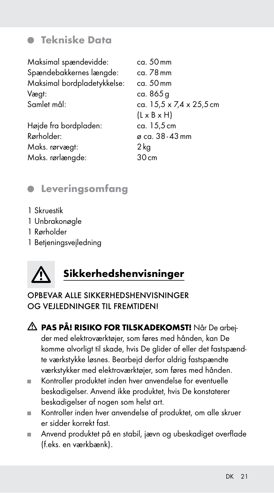 Tekniske data, Leveringsomfang, Sikkerhedshenvisninger | Powerfix Z29760A User Manual | Page 21 / 40