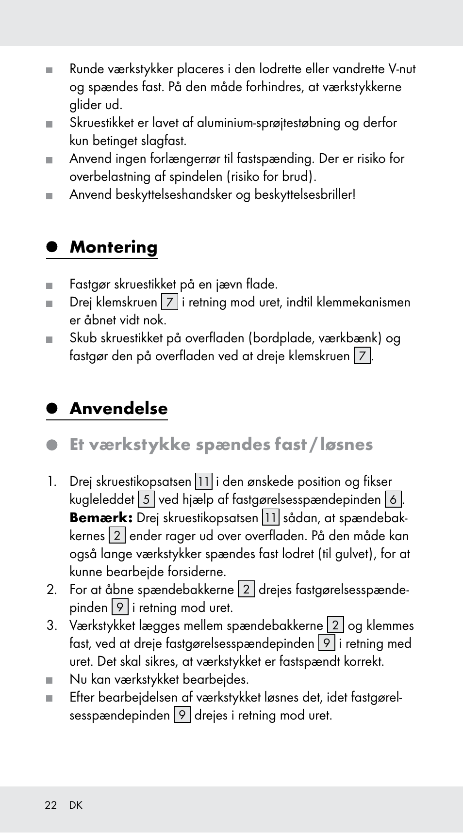 Montering, Anvendelse, Et værkstykke spændes fast / løsnes | Powerfix Z29760A User Manual | Page 22 / 40