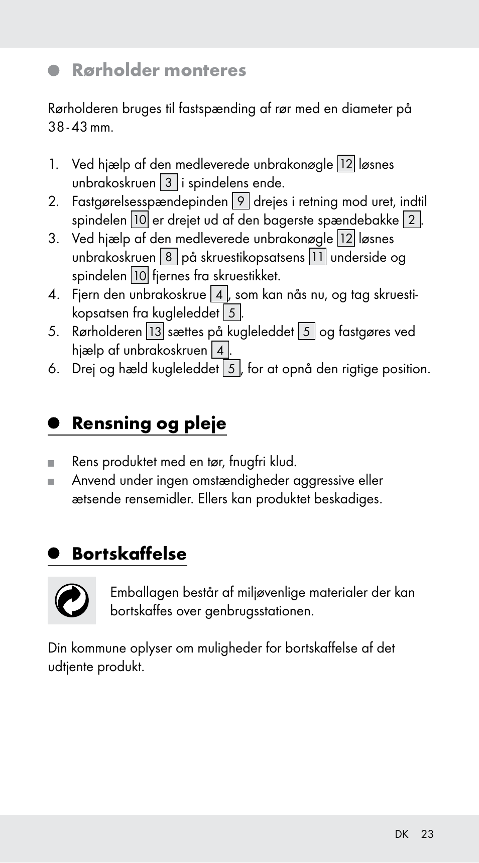 Rørholder monteres, Rensning og pleje, Bortskaffelse | Powerfix Z29760A User Manual | Page 23 / 40