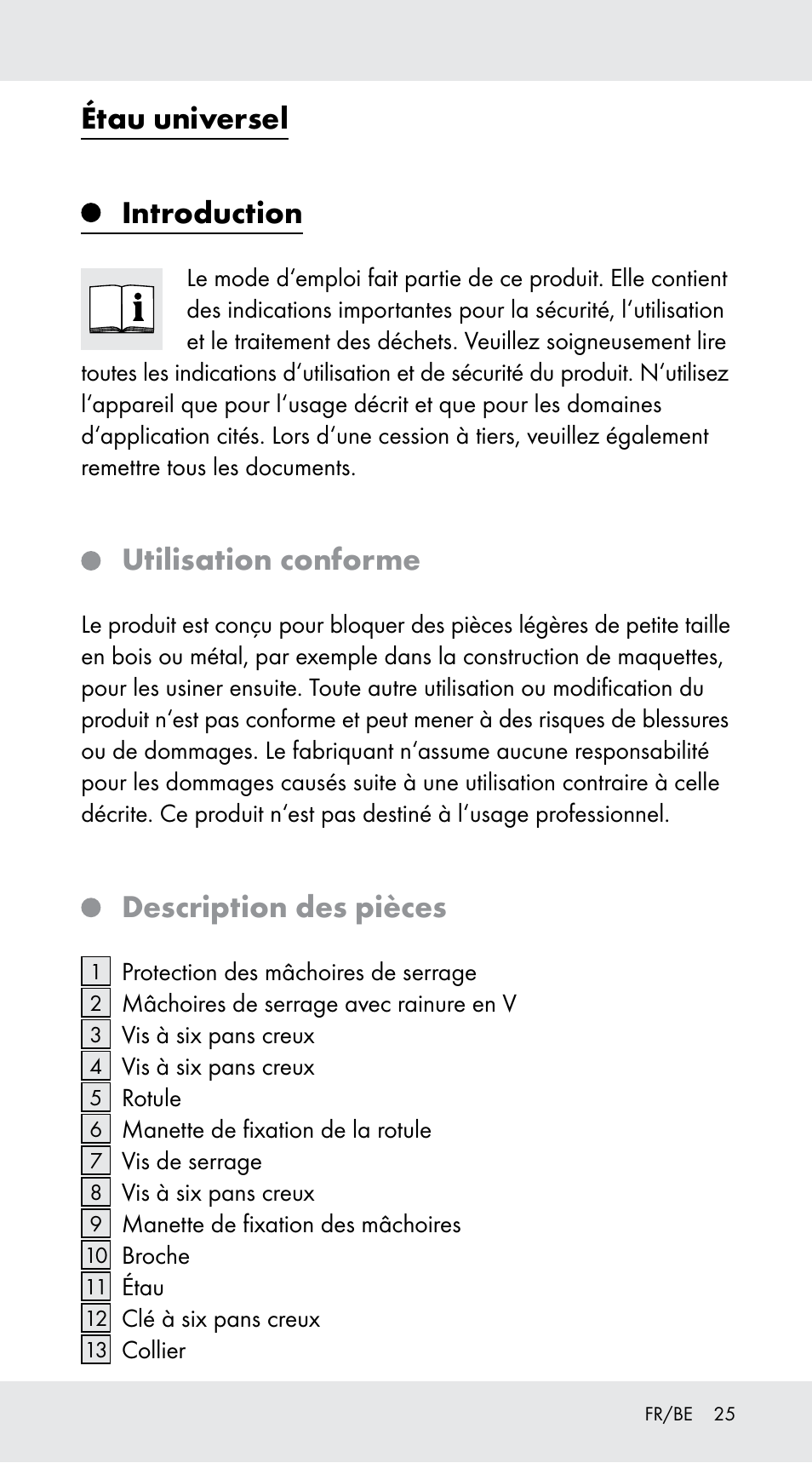 Étau universel, Introduction, Utilisation conforme | Description des pièces | Powerfix Z29760A User Manual | Page 25 / 40