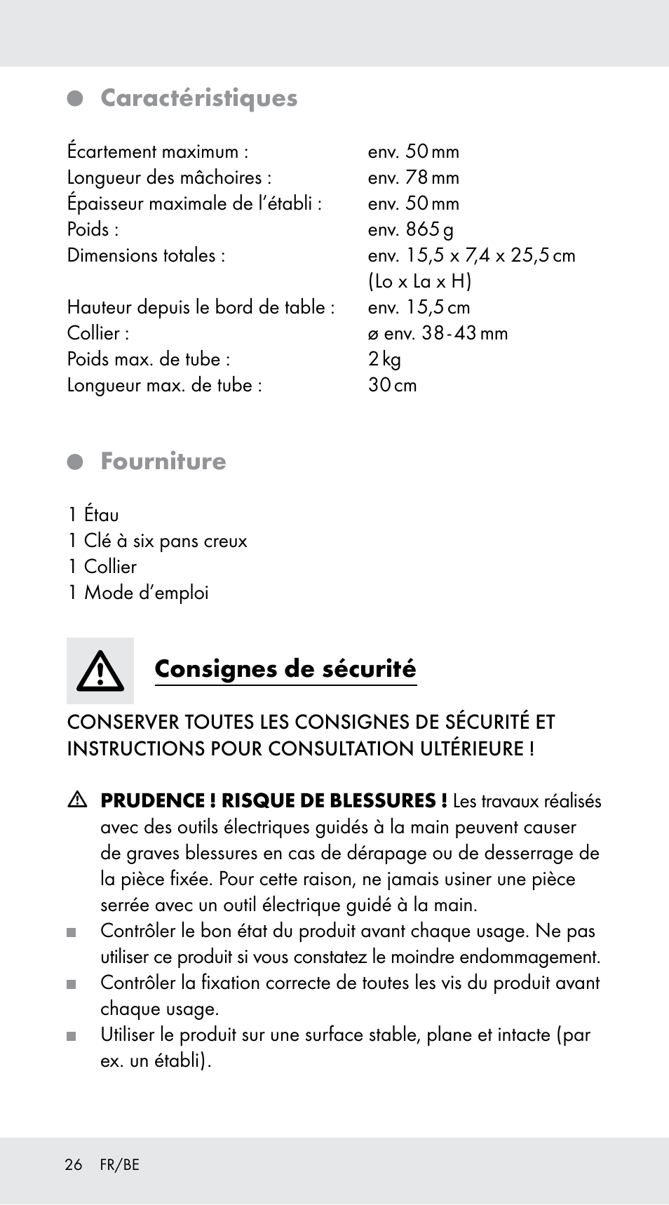 Caractéristiques, Fourniture, Consignes de sécurité | Powerfix Z29760A User Manual | Page 26 / 40