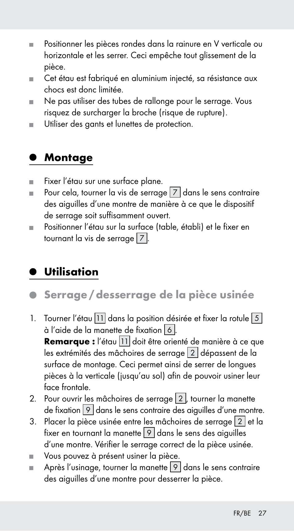 Montage, Utilisation, Serrage / desserrage de la pièce usinée | Powerfix Z29760A User Manual | Page 27 / 40