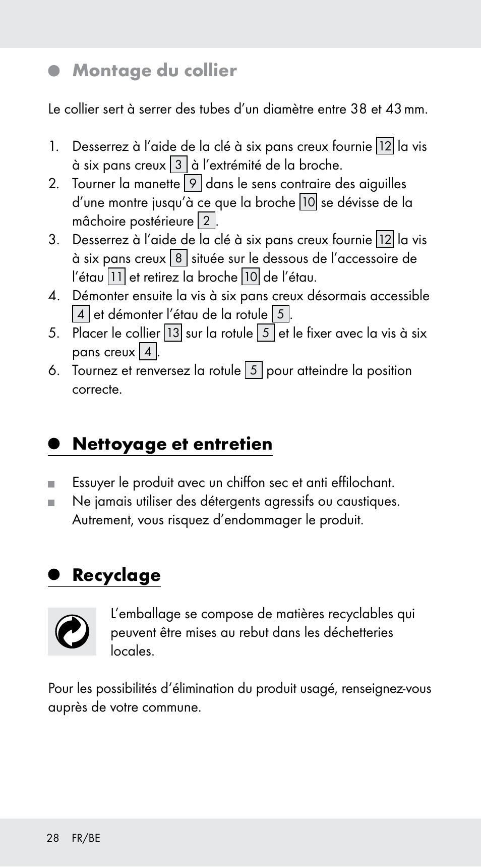 Montage du collier, Nettoyage et entretien, Recyclage | Powerfix Z29760A User Manual | Page 28 / 40