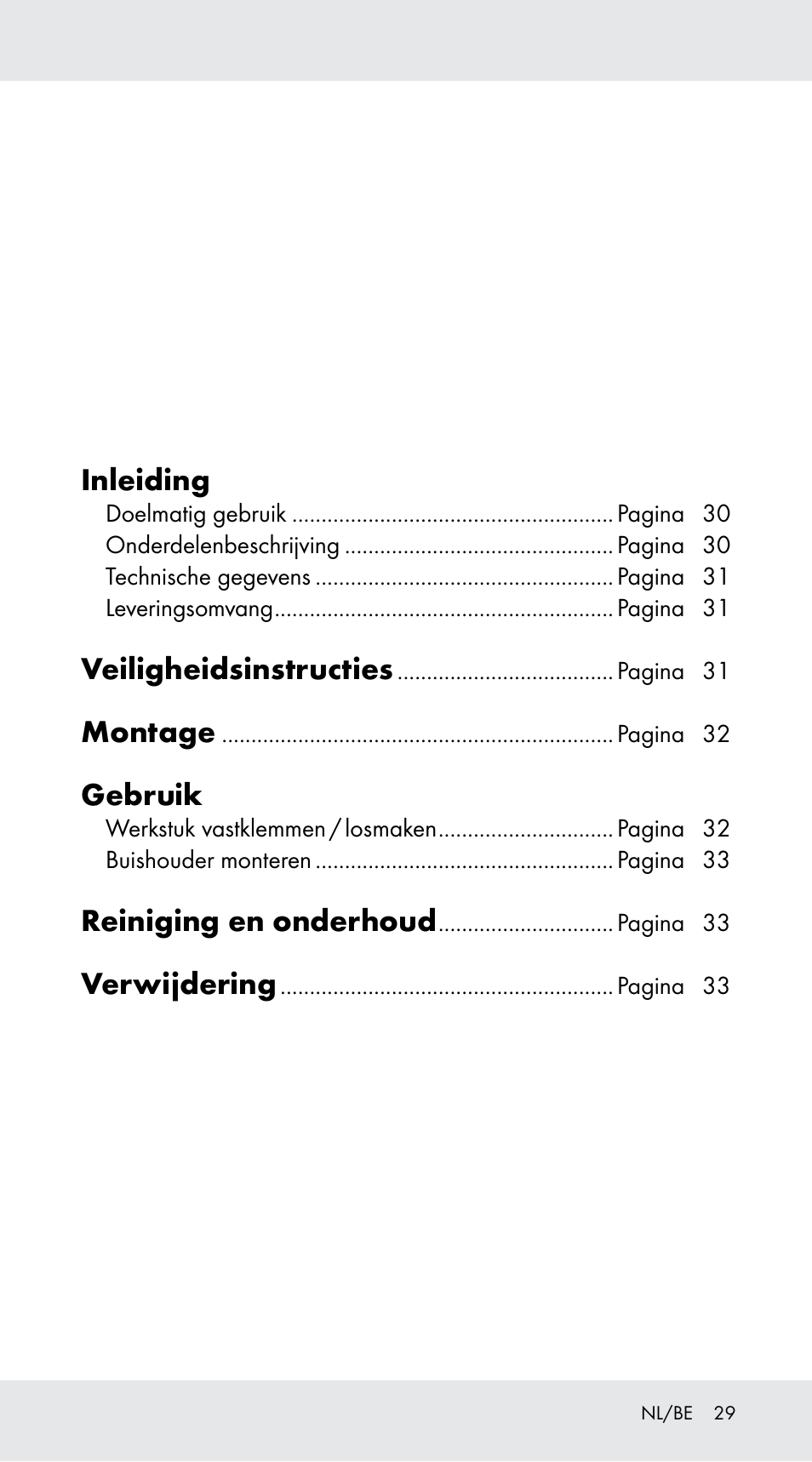 Inleiding, Veiligheidsinstructies, Montage | Gebruik, Reiniging en onderhoud, Verwijdering | Powerfix Z29760A User Manual | Page 29 / 40