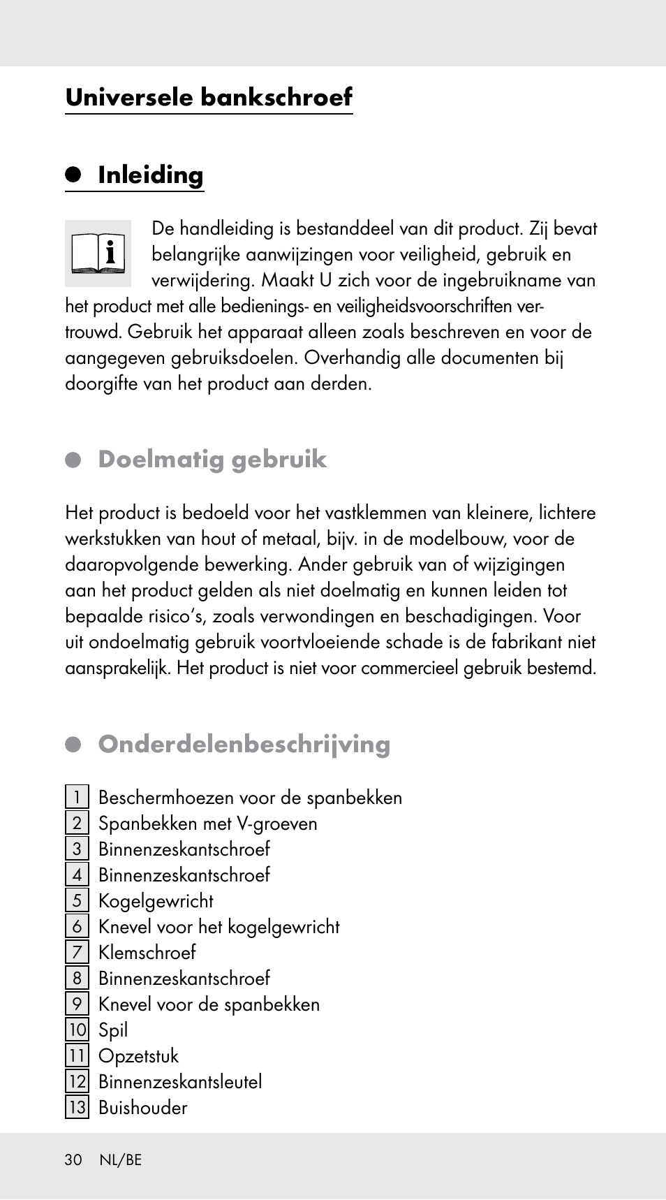 Universele bankschroef, Inleiding, Doelmatig gebruik | Onderdelenbeschrijving | Powerfix Z29760A User Manual | Page 30 / 40