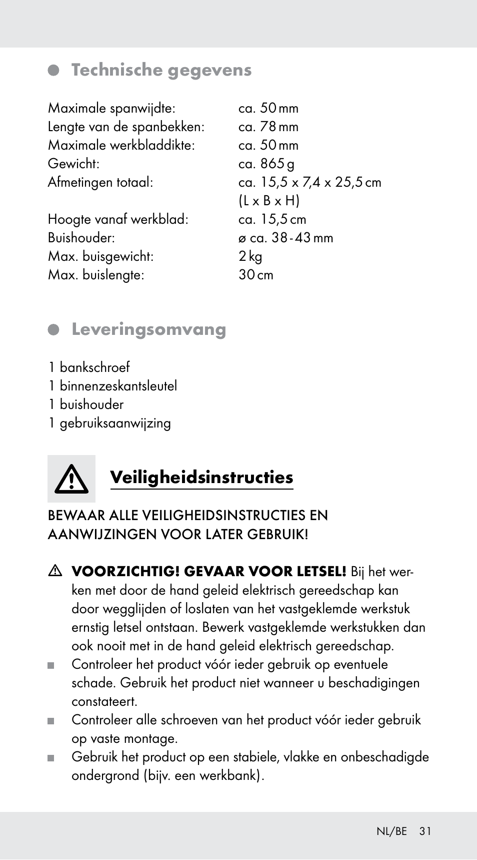 Technische gegevens, Leveringsomvang, Veiligheidsinstructies | Powerfix Z29760A User Manual | Page 31 / 40