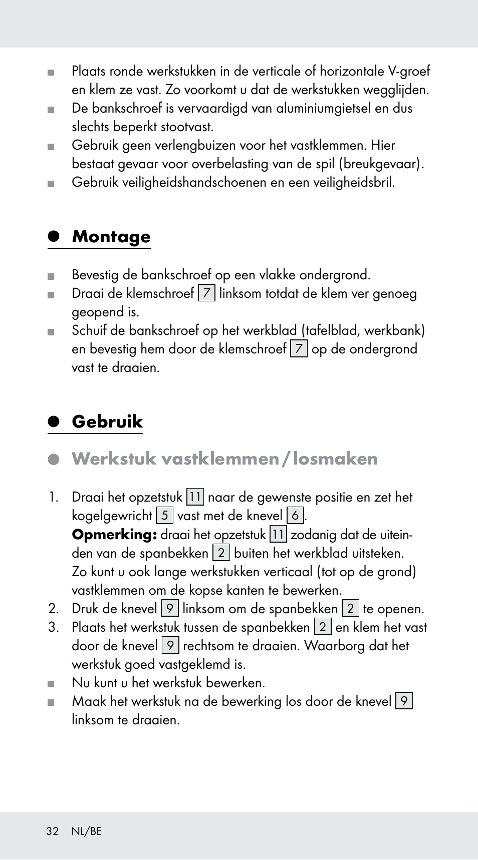 Montage, Gebruik, Werkstuk vastklemmen / losmaken | Powerfix Z29760A User Manual | Page 32 / 40