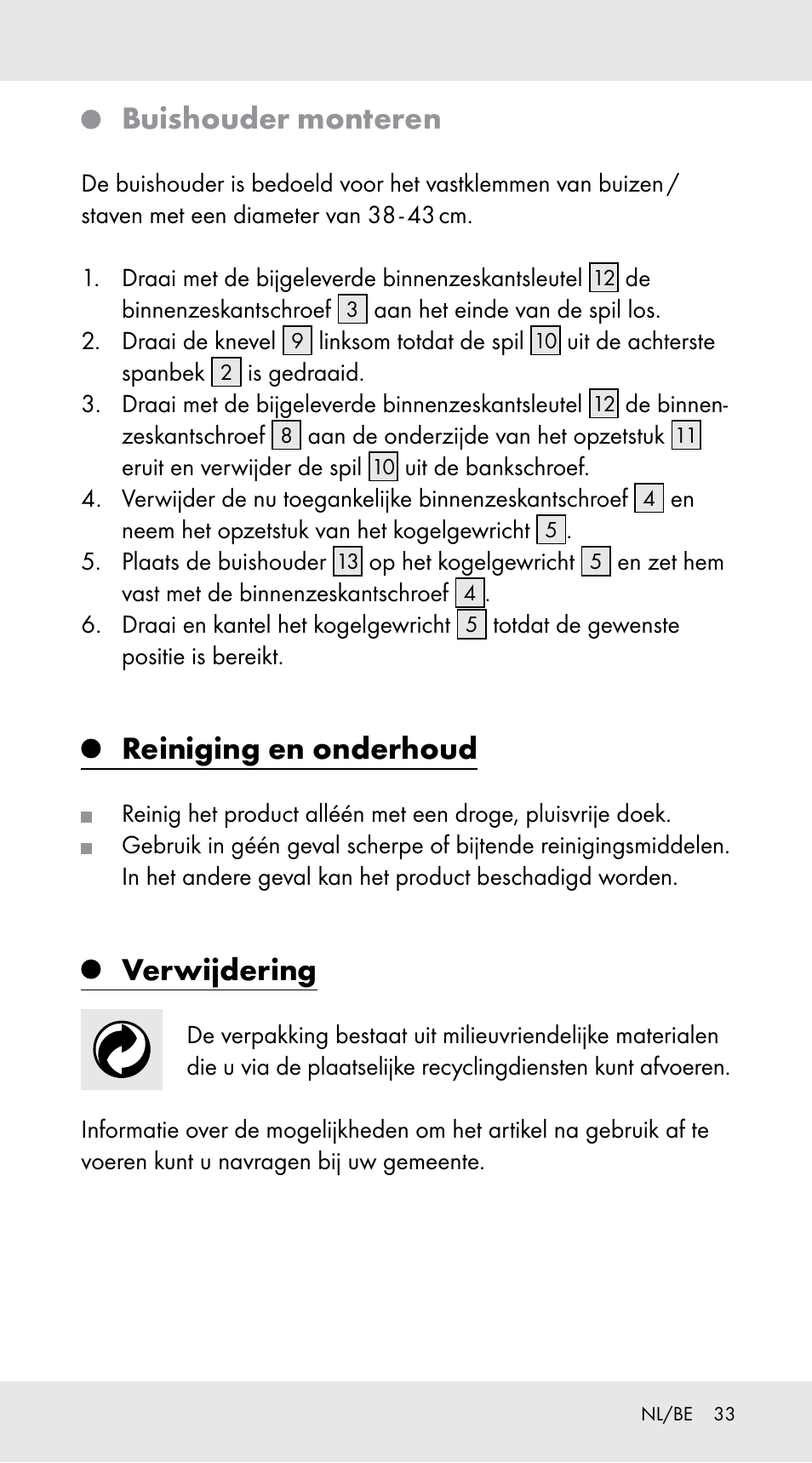 Buishouder monteren, Reiniging en onderhoud, Verwijdering | Powerfix Z29760A User Manual | Page 33 / 40