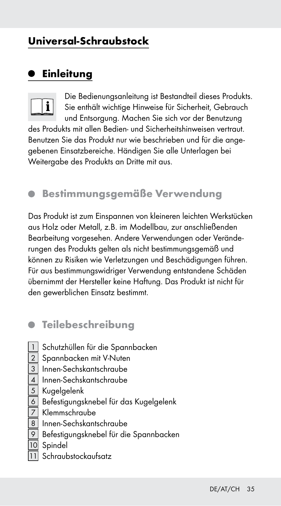 Universal-schraubstock, Einleitung, Bestimmungsgemäße verwendung | Teilebeschreibung | Powerfix Z29760A User Manual | Page 35 / 40