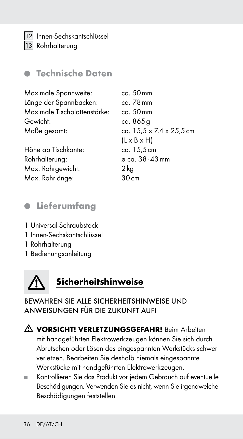 Technische daten, Lieferumfang, Sicherheitshinweise | Powerfix Z29760A User Manual | Page 36 / 40