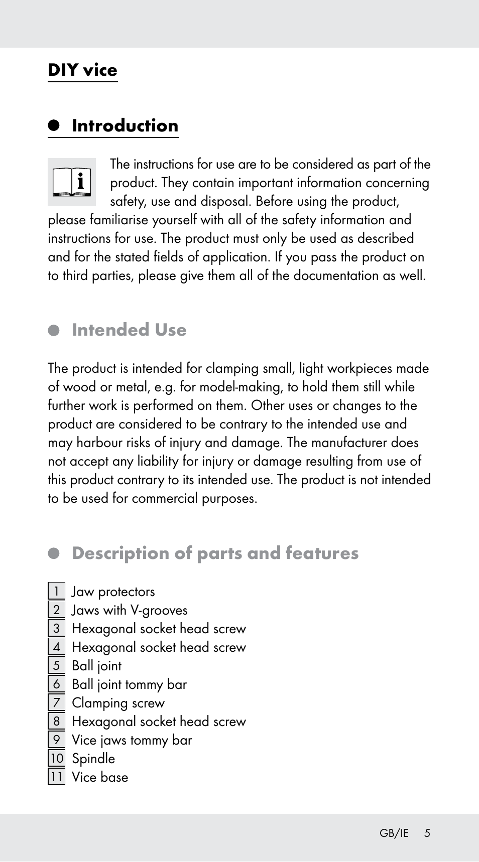 Diy vice, Introduction, Intended use | Description of parts and features | Powerfix Z29760A User Manual | Page 5 / 40