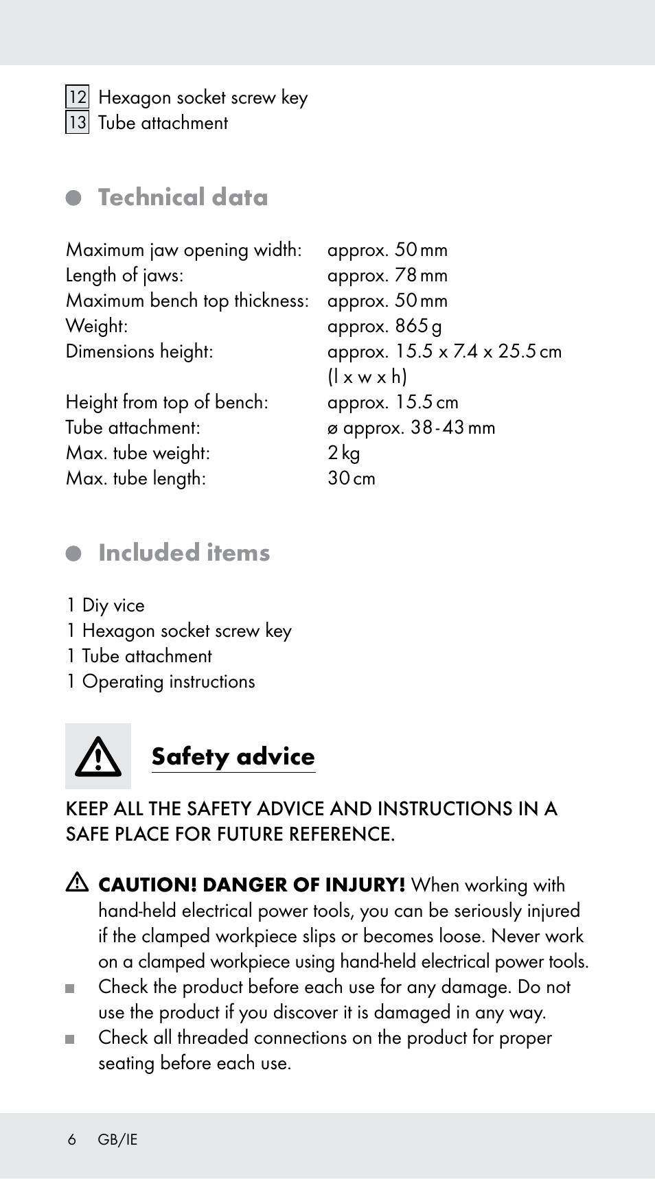 Technical data, Included items, Safety advice | Powerfix Z29760A User Manual | Page 6 / 40