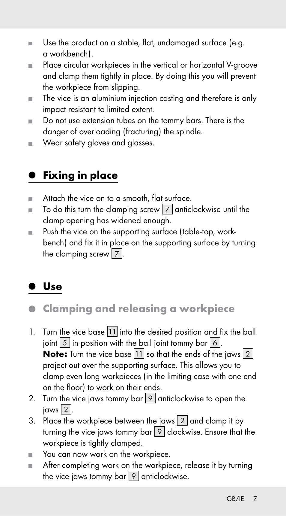 Fixing in place, Clamping and releasing a workpiece | Powerfix Z29760A User Manual | Page 7 / 40