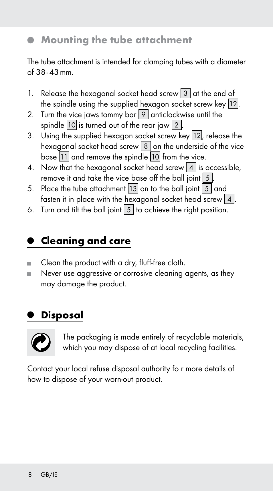 Mounting the tube attachment, Cleaning and care, Disposal | Powerfix Z29760A User Manual | Page 8 / 40