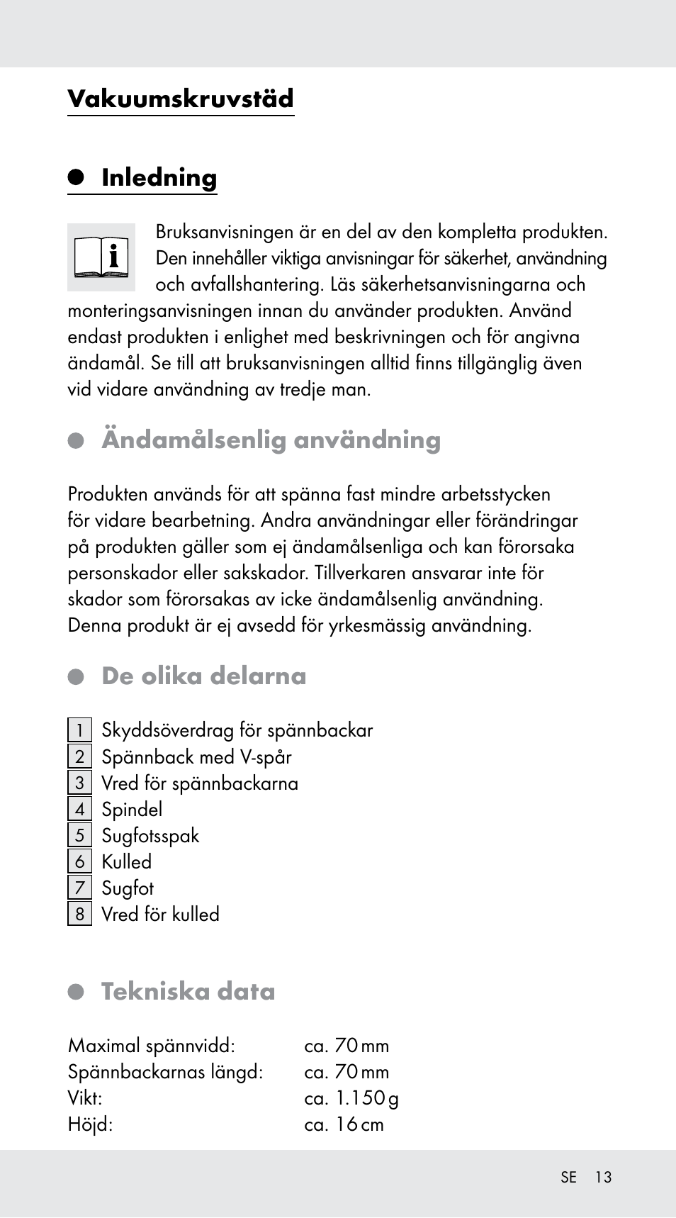 Vakuumskruvstäd, Inledning, Ändamålsenlig användning | De olika delarna, Tekniska data | Powerfix Z29760B User Manual | Page 13 / 32