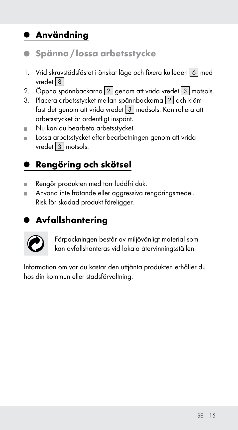 Användning, Spänna / lossa arbetsstycke, Rengöring och skötsel | Avfallshantering | Powerfix Z29760B User Manual | Page 15 / 32