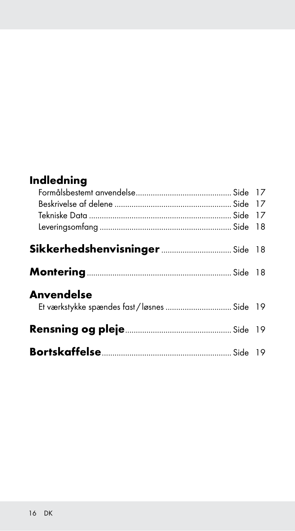 Indledning, Sikkerhedshenvisninger, Montering | Anvendelse, Rensning og pleje, Bortskaffelse | Powerfix Z29760B User Manual | Page 16 / 32