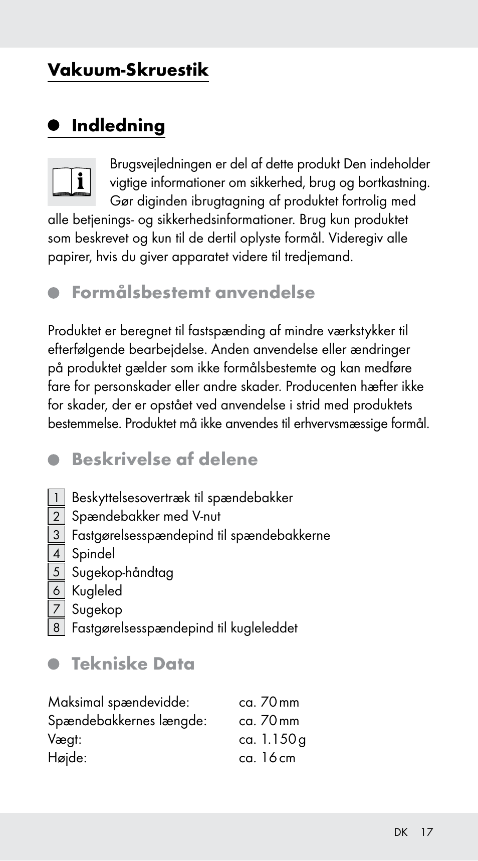 Vakuum-skruestik, Indledning, Formålsbestemt anvendelse | Beskrivelse af delene, Tekniske data | Powerfix Z29760B User Manual | Page 17 / 32