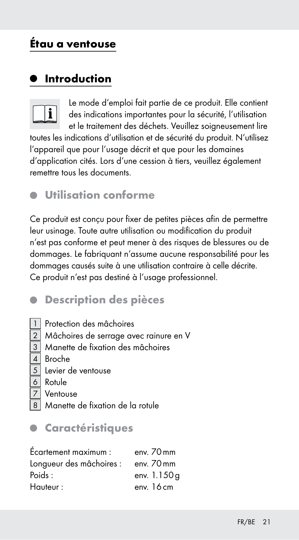 Étau a ventouse, Introduction, Utilisation conforme | Description des pièces, Caractéristiques | Powerfix Z29760B User Manual | Page 21 / 32