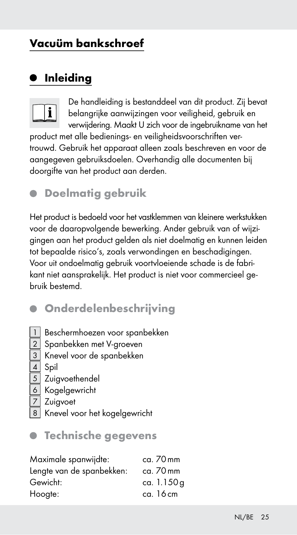 Vacuüm bankschroef, Inleiding, Doelmatig gebruik | Onderdelenbeschrijving, Technische gegevens | Powerfix Z29760B User Manual | Page 25 / 32