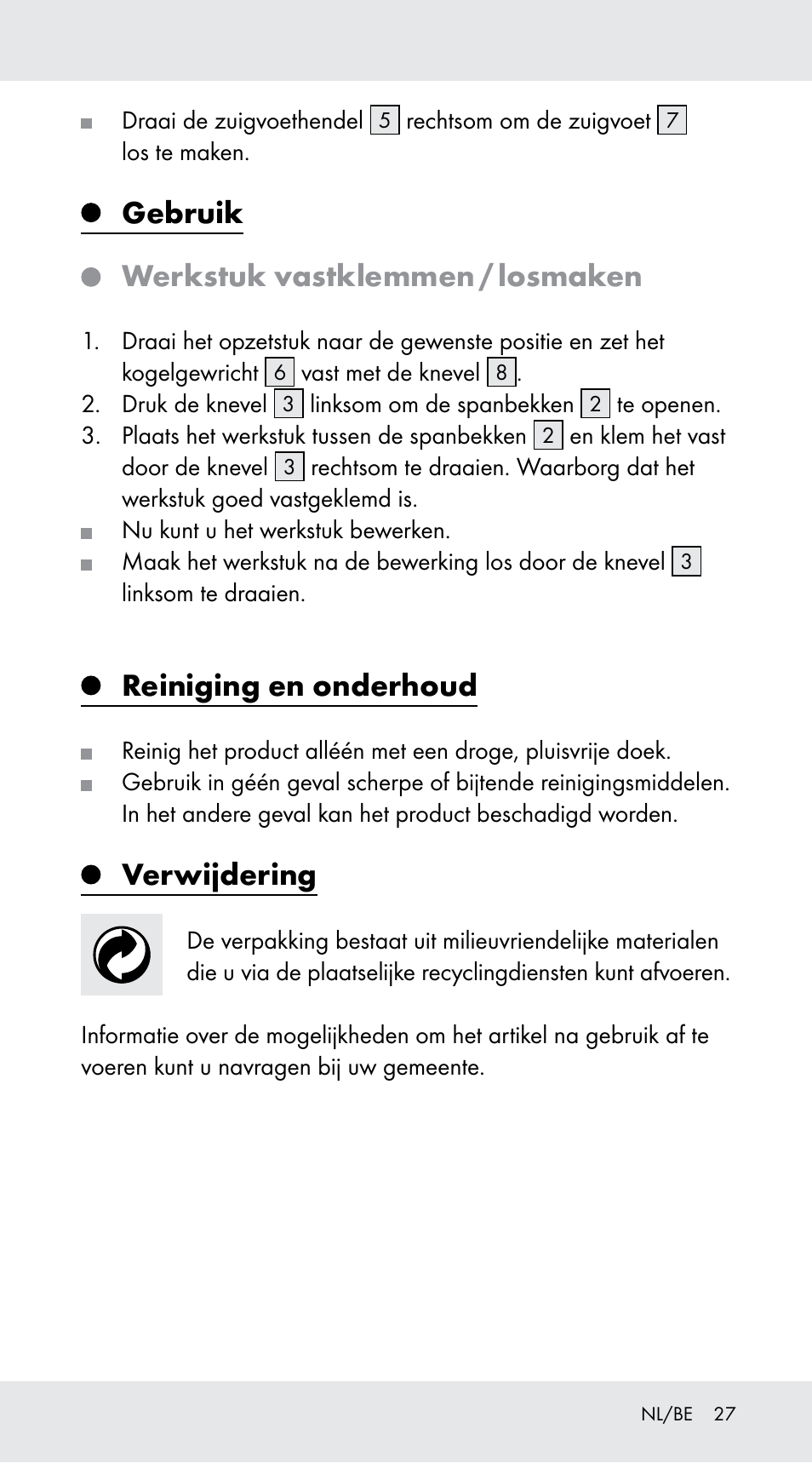 Gebruik, Werkstuk vastklemmen / losmaken, Reiniging en onderhoud | Verwijdering | Powerfix Z29760B User Manual | Page 27 / 32