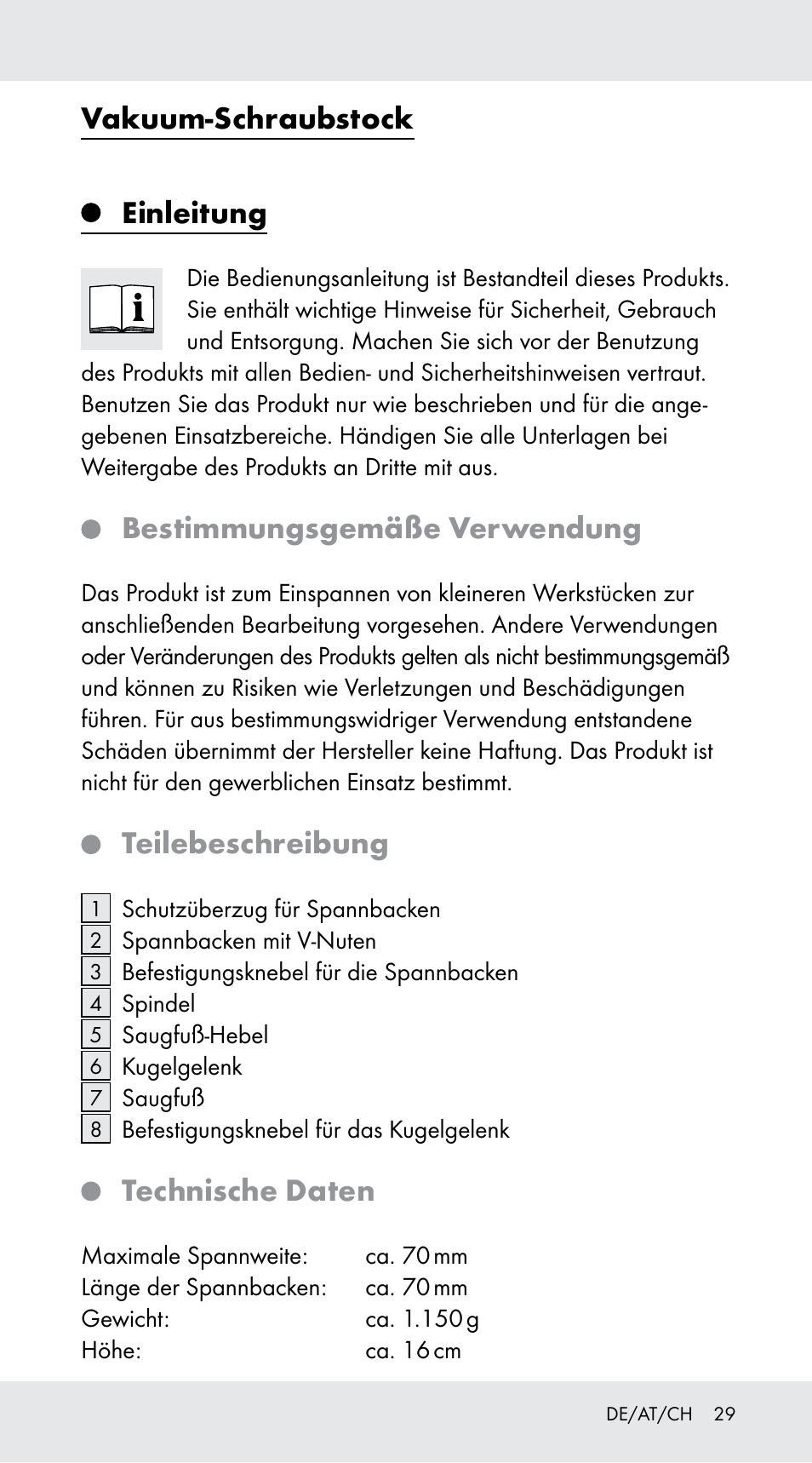 Vakuum-schraubstock, Einleitung, Bestimmungsgemäße verwendung | Teilebeschreibung, Technische daten | Powerfix Z29760B User Manual | Page 29 / 32