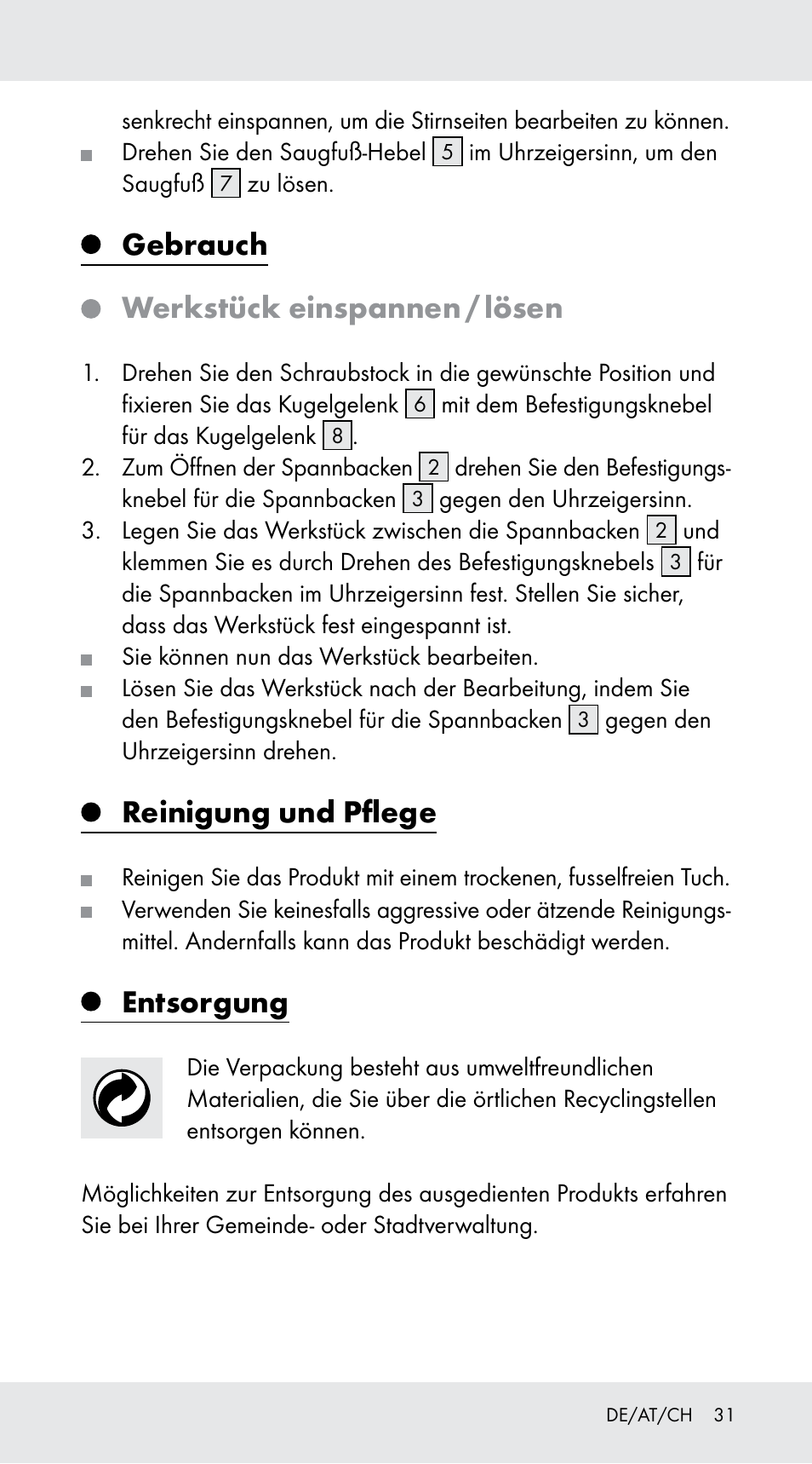 Gebrauch, Werkstück einspannen / lösen, Reinigung und pflege | Entsorgung | Powerfix Z29760B User Manual | Page 31 / 32