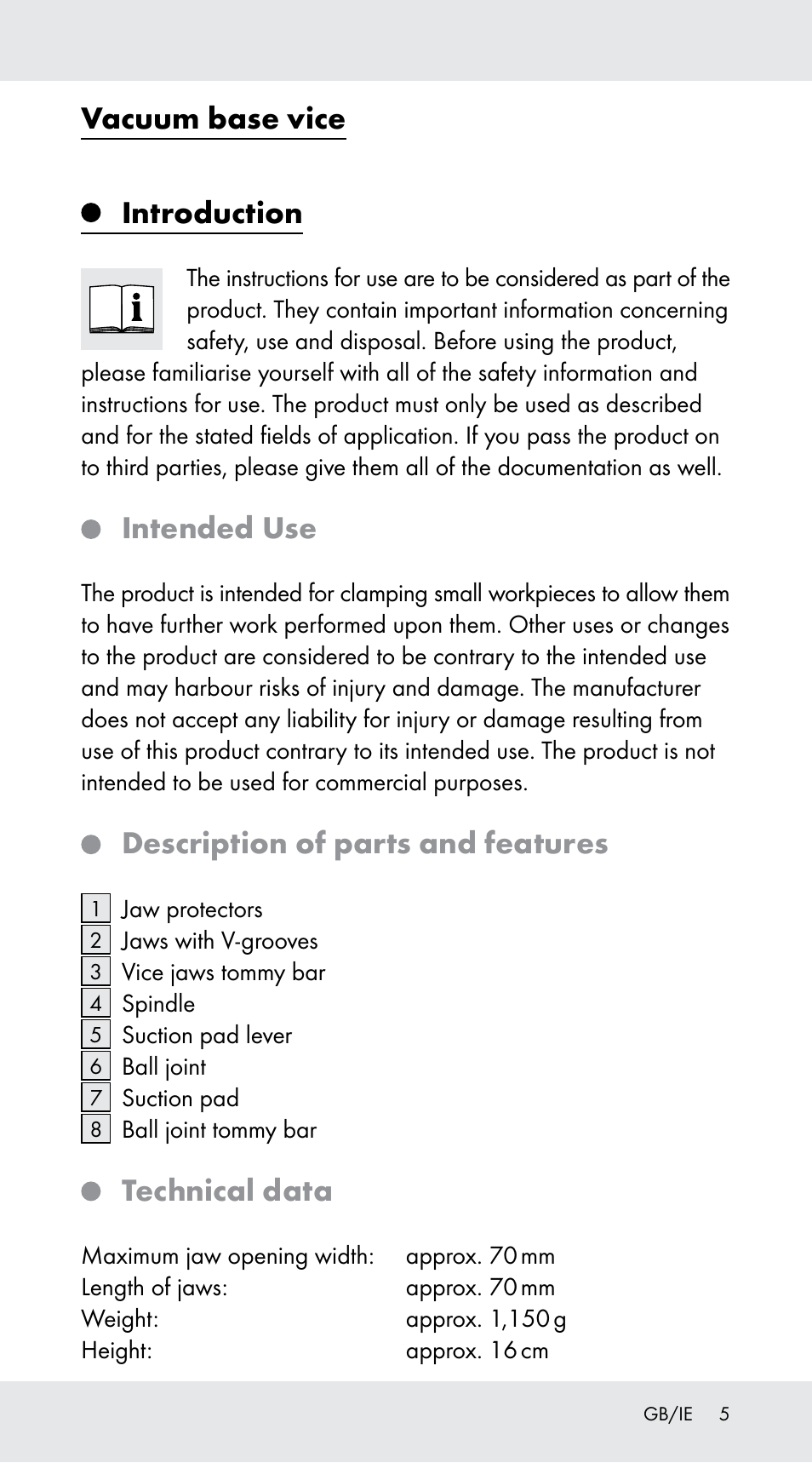 Vacuum base vice, Introduction, Intended use | Description of parts and features, Technical data | Powerfix Z29760B User Manual | Page 5 / 32