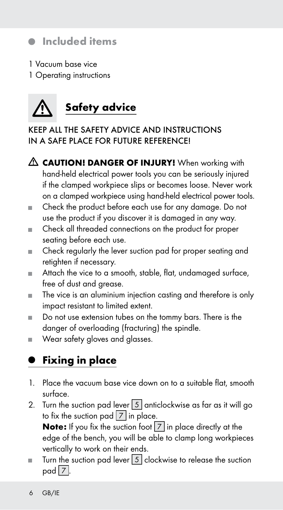 Included items, Safety advice, Fixing in place | Powerfix Z29760B User Manual | Page 6 / 32