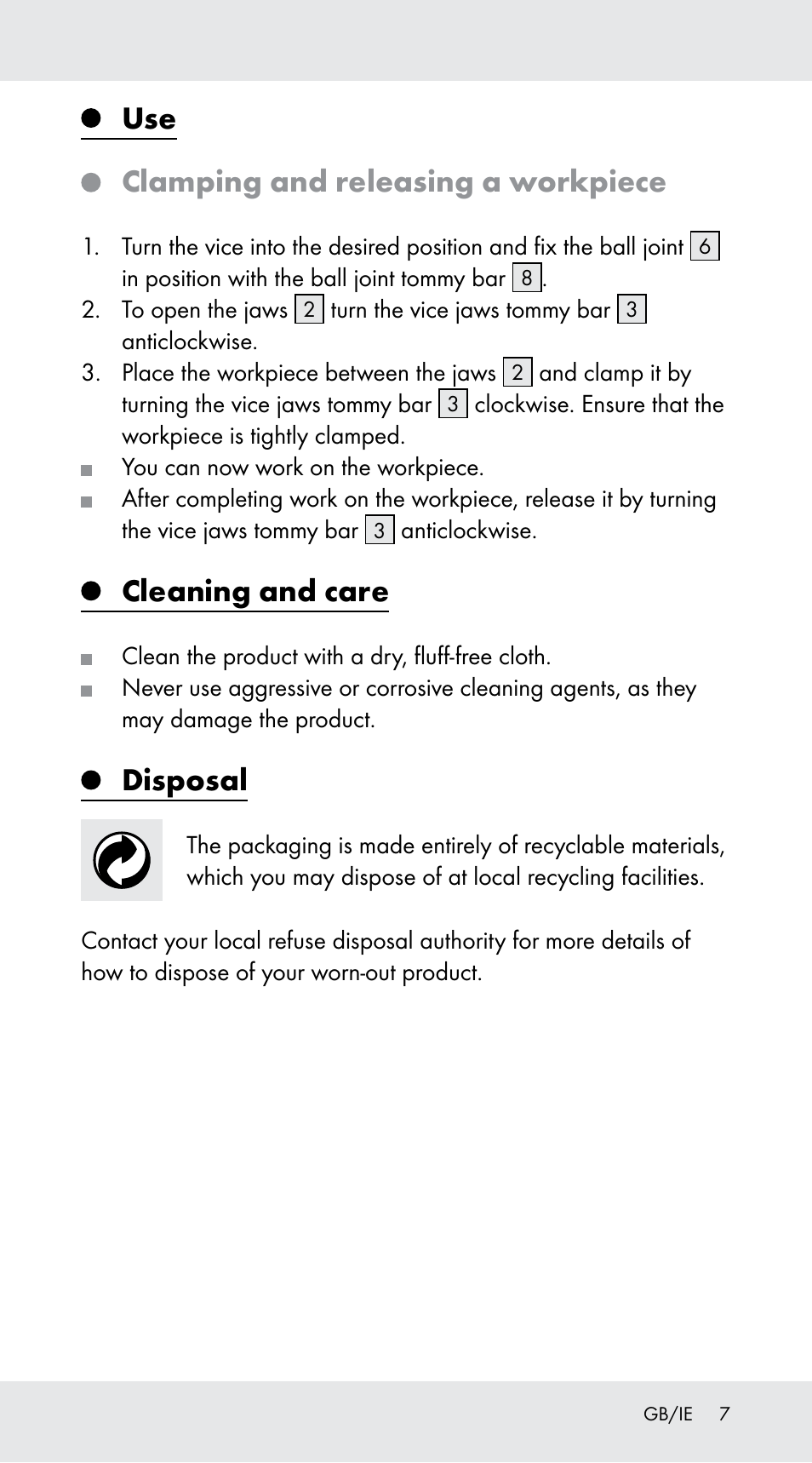 Clamping and releasing a workpiece, Cleaning and care, Disposal | Powerfix Z29760B User Manual | Page 7 / 32