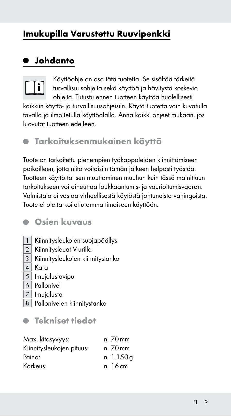 Imukupilla varustettu ruuvipenkki, Johdanto, Tarkoituksenmukainen käyttö | Osien kuvaus, Tekniset tiedot | Powerfix Z29760B User Manual | Page 9 / 32