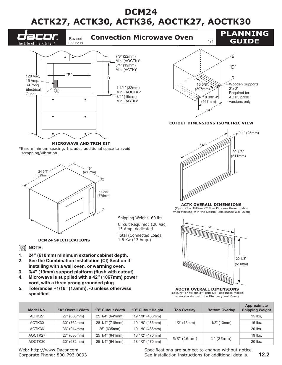 Planning guide, Convection microwave oven | Dacor AOMTK30 User Manual | Page 2 / 2