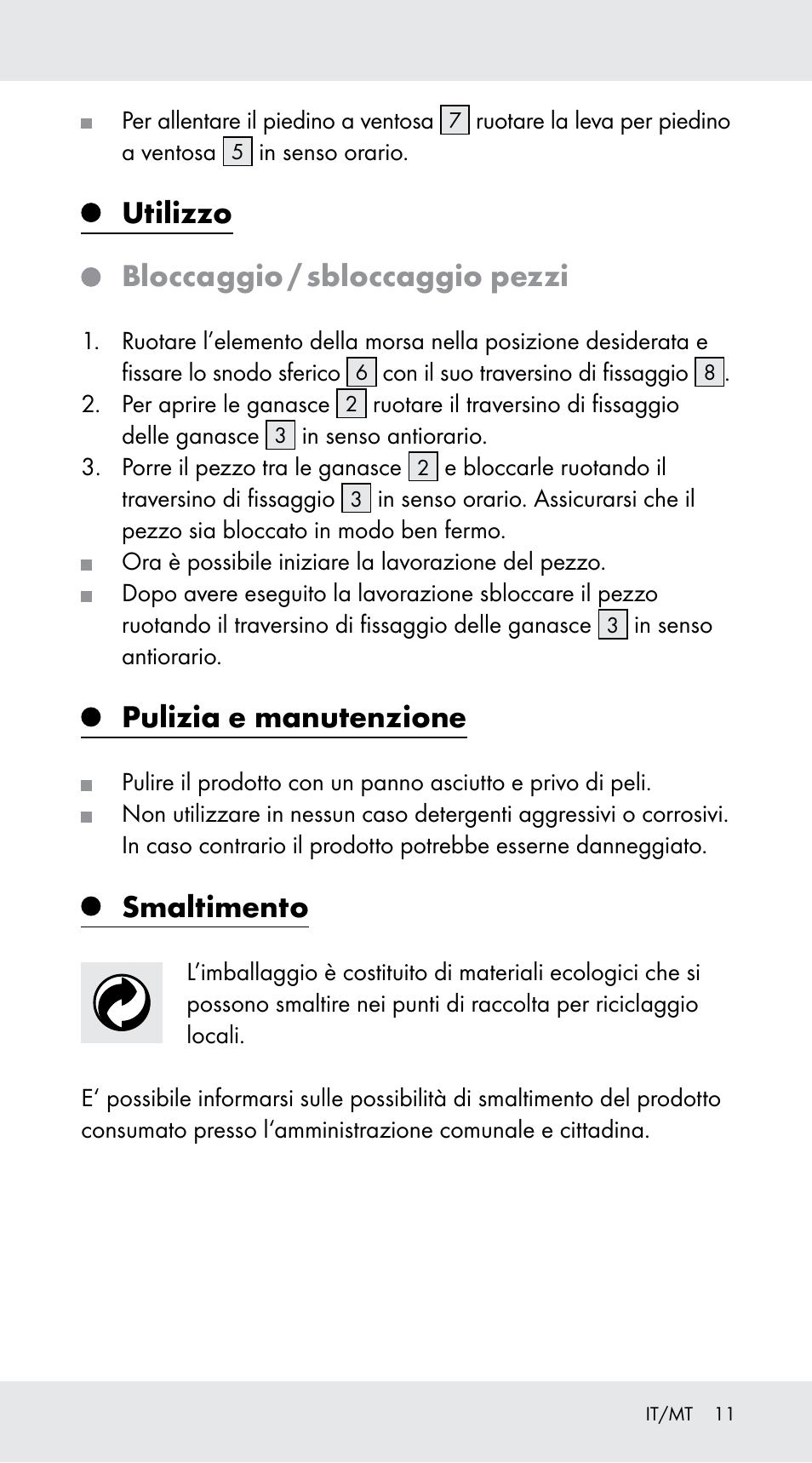 Utilizzo, Bloccaggio / sbloccaggio pezzi, Pulizia e manutenzione | Smaltimento | Powerfix Z29760B User Manual | Page 11 / 24