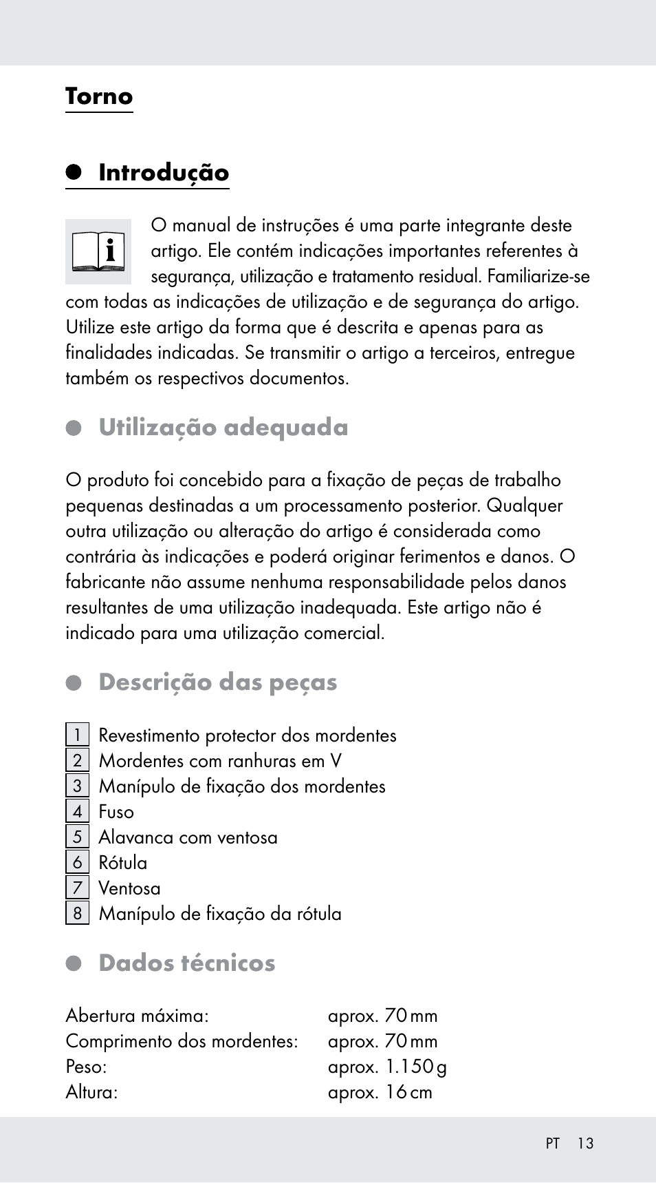 Torno, Introdução, Utilização adequada | Descrição das peças, Dados técnicos | Powerfix Z29760B User Manual | Page 13 / 24