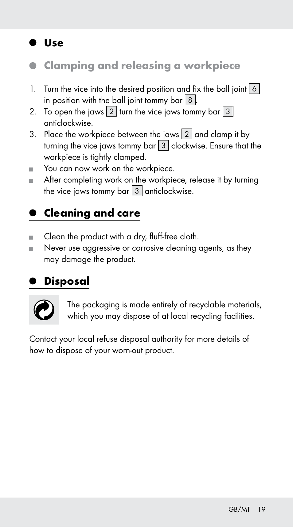 Clamping and releasing a workpiece, Cleaning and care, Disposal | Powerfix Z29760B User Manual | Page 19 / 24