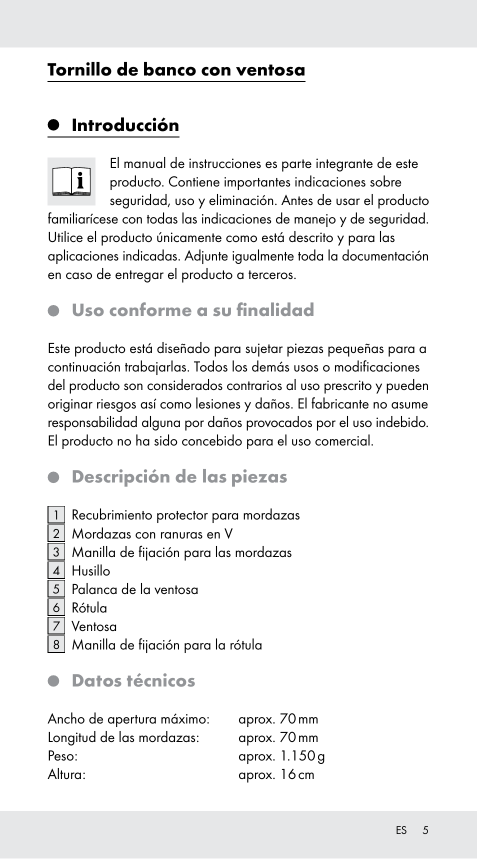 Tornillo de banco con ventosa, Introducción, Uso conforme a su finalidad | Descripción de las piezas, Datos técnicos | Powerfix Z29760B User Manual | Page 5 / 24