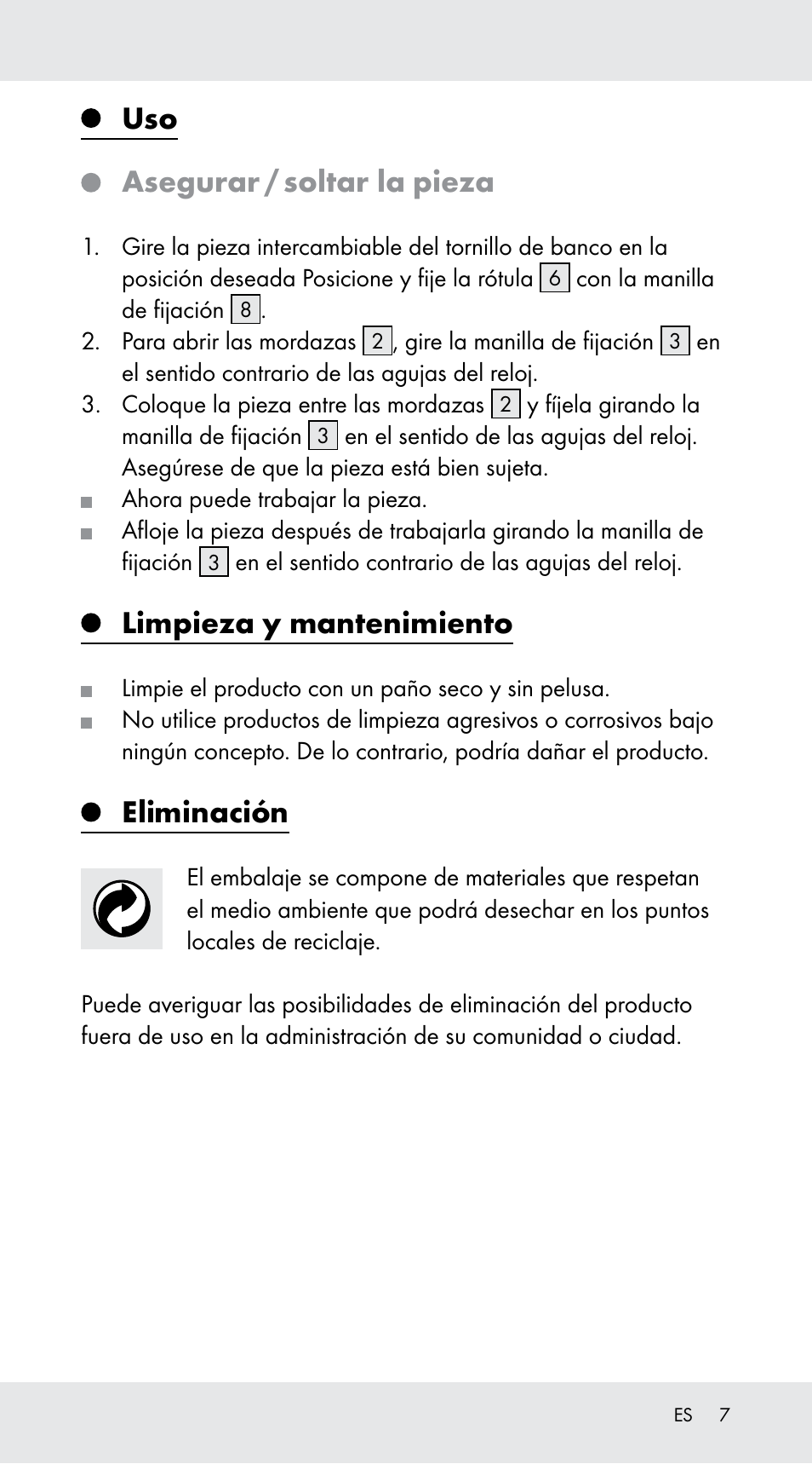 Asegurar / soltar la pieza, Limpieza y mantenimiento, Eliminación | Powerfix Z29760B User Manual | Page 7 / 24