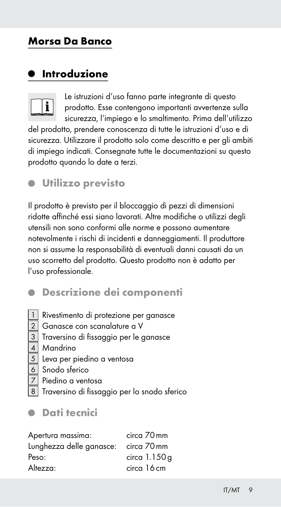 Morsa da banco, Introduzione, Utilizzo previsto | Descrizione dei componenti, Dati tecnici | Powerfix Z29760B User Manual | Page 9 / 24