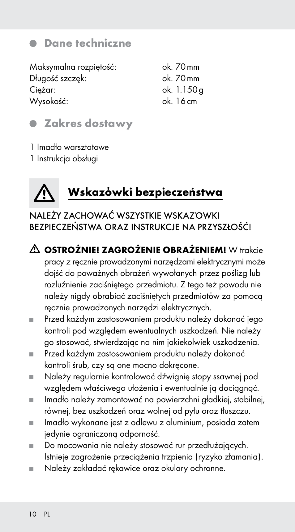 Dane techniczne, Zakres dostawy, Wskazόwki bezpieczeństwa | Powerfix Z29760B User Manual | Page 10 / 33