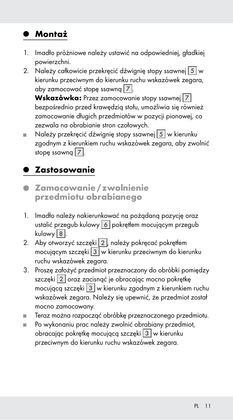 Montaż, Zastosowanie, Zamocowanie / zwolnienie przedmiotu obrabianego | Powerfix Z29760B User Manual | Page 11 / 33