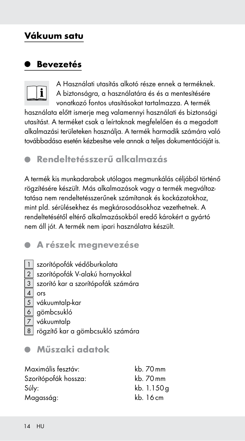 Vákuum satu, Bevezetés, Rendeltetésszerű alkalmazás | A részek megnevezése, Műszaki adatok | Powerfix Z29760B User Manual | Page 14 / 33