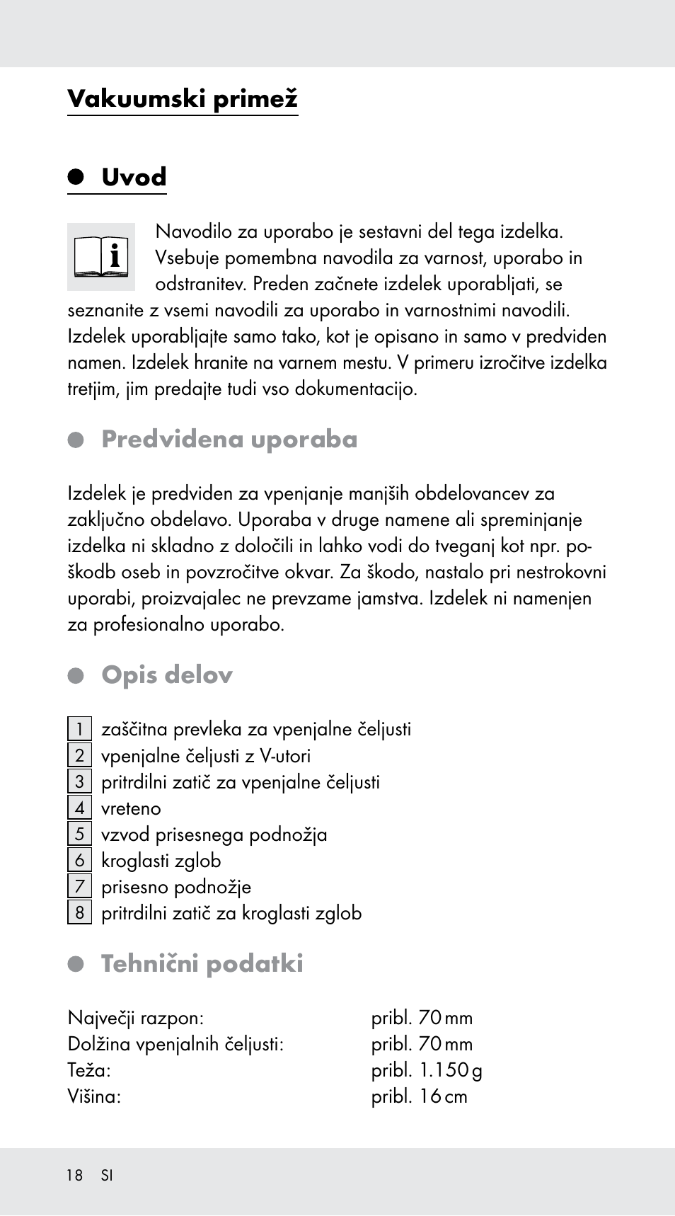 Vakuumski primež, Uvod, Predvidena uporaba | Opis delov, Tehnični podatki | Powerfix Z29760B User Manual | Page 18 / 33