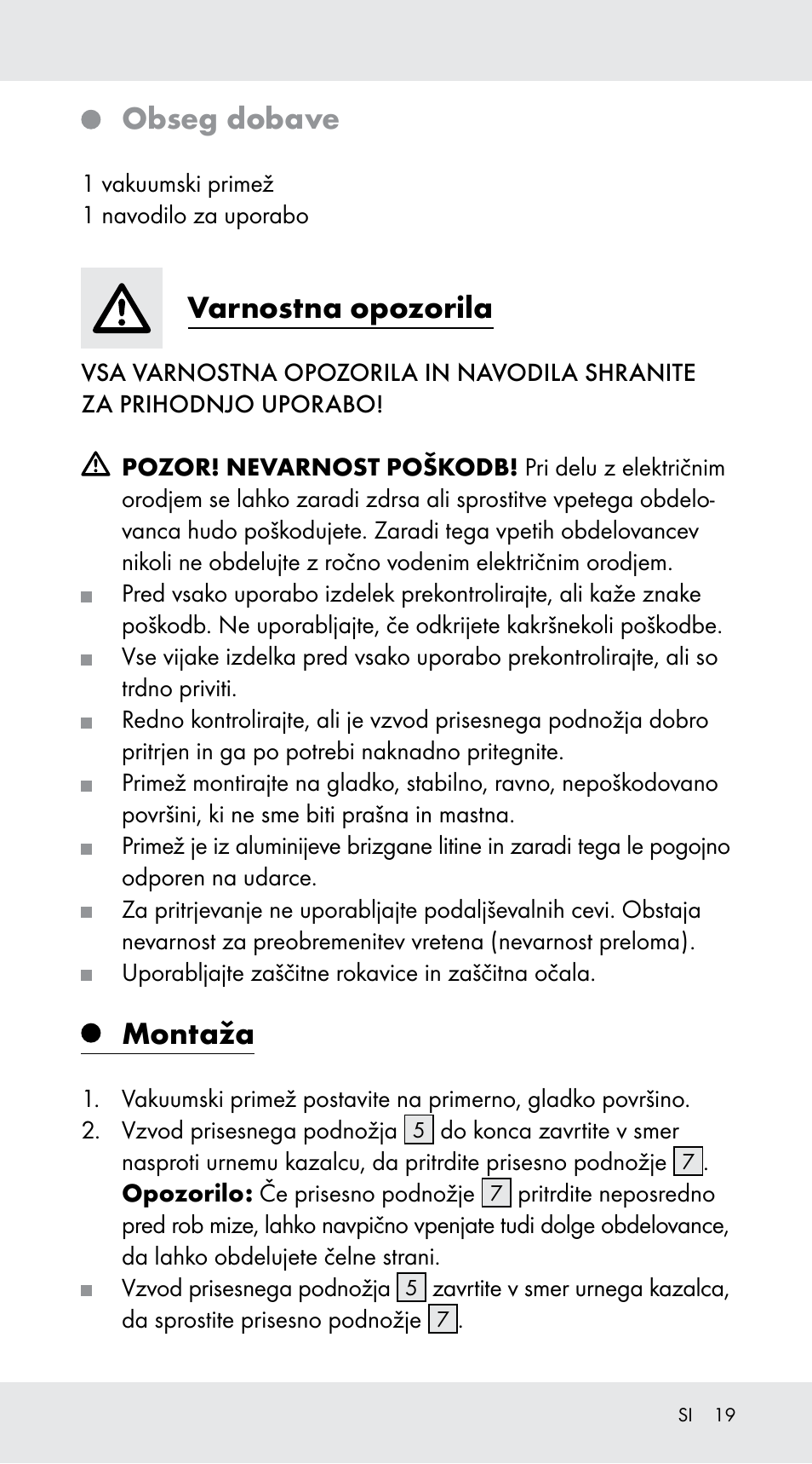 Obseg dobave, Varnostna opozorila, Montaža | Powerfix Z29760B User Manual | Page 19 / 33